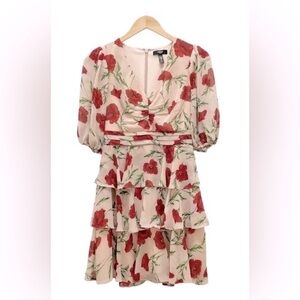 PINK FLORAL TIERED MINI COCKTAIL DRESS SHEER FABRIC SIZE 6 BY AQUA- NWT